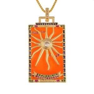 Tarot Sun Card‎ Pendant Necklace Gold Tone Oil Drop Orange Gemstone